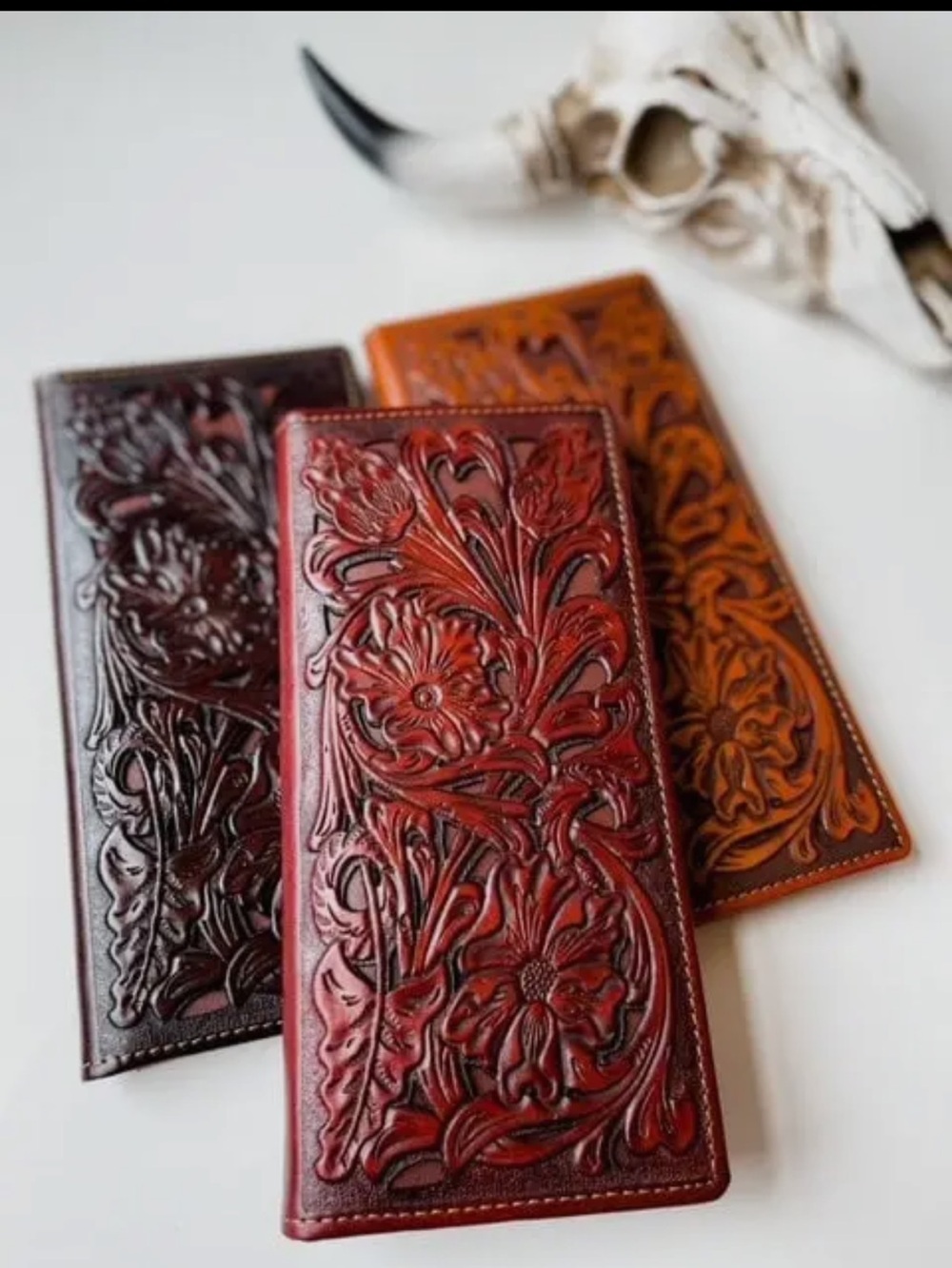 Hand-Tooled Floral Leather Checkbook Cover - Red
